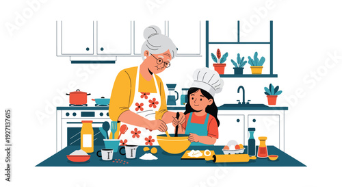 Modern vector illustration of Hispanic grandmother teaching child traditional cooking in kitchen representing generational knowledge, family bonding and cultural heritage lifestyle