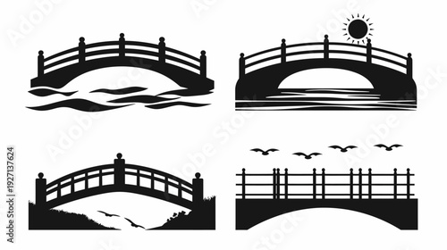 Four black and white illustrations of bridges with different scenery water, sun, birds, and land