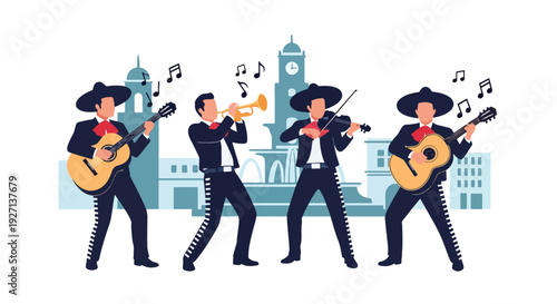 Modern vector illustration of mariachi musicians performing with guitars and trumpet representing traditional Hispanic music culture, celebration and artistic heritage