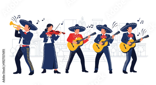 Modern vector illustration of mariachi musicians performing with guitars and trumpet representing traditional Hispanic music culture, celebration and artistic heritage