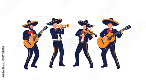 Modern vector illustration of mariachi musicians performing with guitars and trumpet representing traditional Hispanic music culture, celebration and artistic heritage