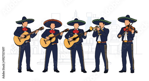 Modern vector illustration of mariachi musicians performing with guitars and trumpet representing traditional Hispanic music culture, celebration and artistic heritage