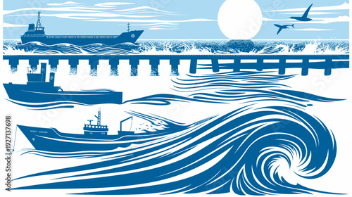 Silhouetted boats sailing over wavy ocean, bridge and seagulls, and full moon. Two-tone illustration