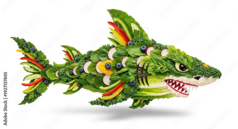 Fototapeta premium Creative shark made of fresh vegetables and fruits