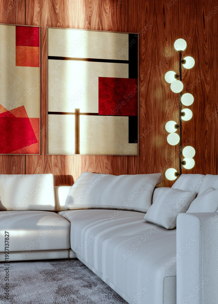 Fototapeta premium Large illustration 3D rendering luxury modern bright interiors Living room mockup with Couch and Ceiling Fan Ventilation