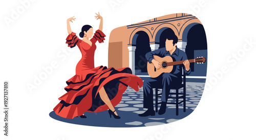 Modern vector illustration of flamenco dancer performing with expressive pose and flowing dress representing passionate Hispanic dance tradition and artistic culture