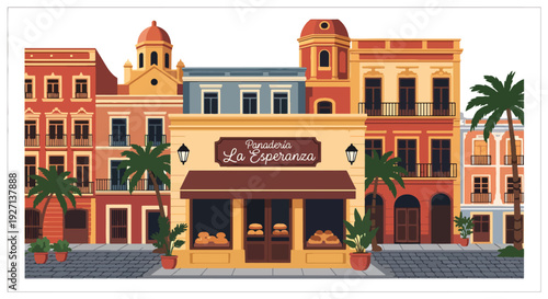 Modern vector illustration of traditional Hispanic bakery with sweet bread and pastries representing culinary heritage, small business and community lifestyle