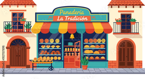 Modern vector illustration of traditional Hispanic bakery with sweet bread and pastries representing culinary heritage, small business and community lifestyle