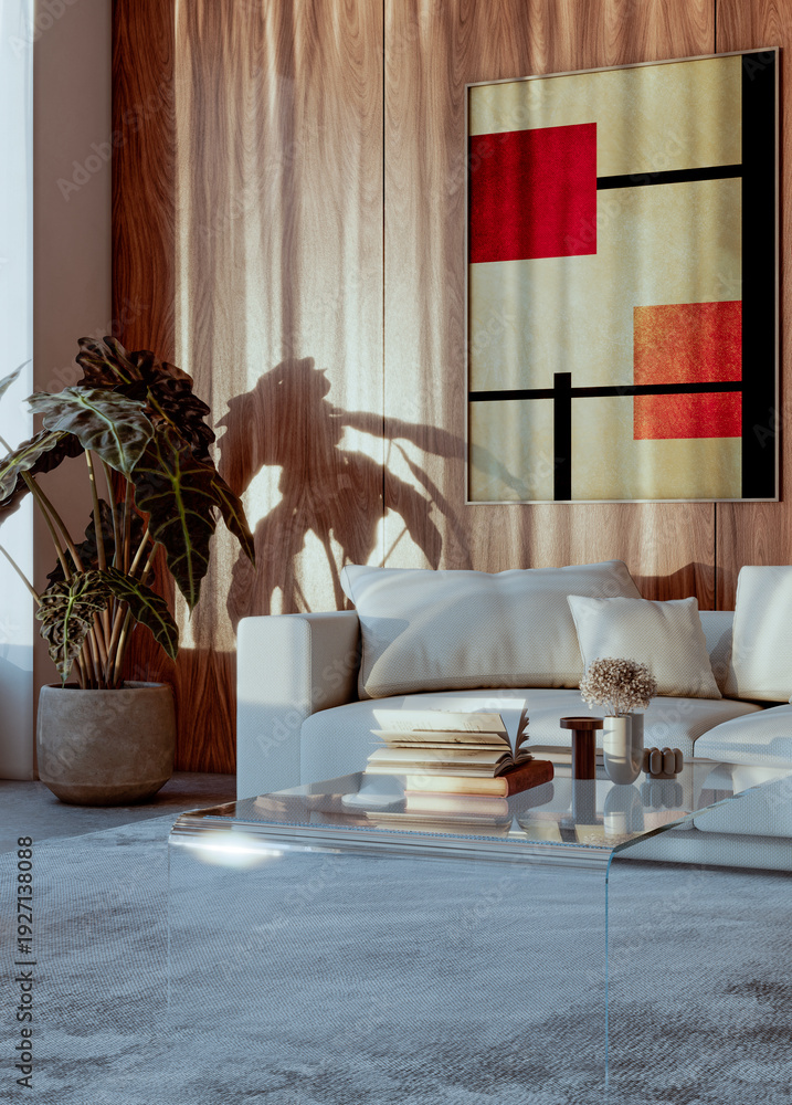 Fototapeta premium Large illustration 3D rendering luxury modern bright interiors Living room mockup with Couch and Ceiling Fan Ventilation