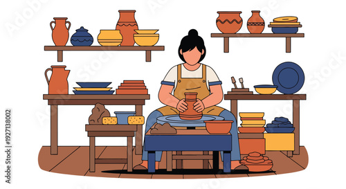 Modern vector illustration of Hispanic artisan shaping clay pottery in workshop representing craftsmanship heritage, creativity and cultural tradition