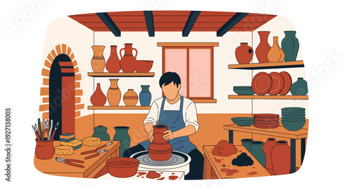 Modern vector illustration of Hispanic artisan shaping clay pottery in workshop representing craftsmanship heritage, creativity and cultural tradition