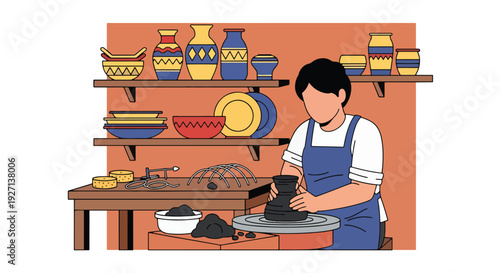 Modern vector illustration of Hispanic artisan shaping clay pottery in workshop representing craftsmanship heritage, creativity and cultural tradition
