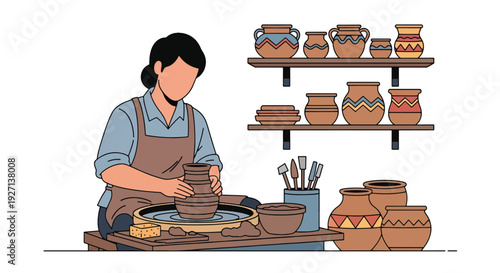 Modern vector illustration of Hispanic artisan shaping clay pottery in workshop representing craftsmanship heritage, creativity and cultural tradition