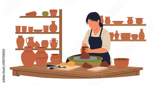 Modern vector illustration of Hispanic artisan shaping clay pottery in workshop representing craftsmanship heritage, creativity and cultural tradition