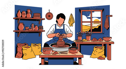 Modern vector illustration of Hispanic artisan shaping clay pottery in workshop representing craftsmanship heritage, creativity and cultural tradition