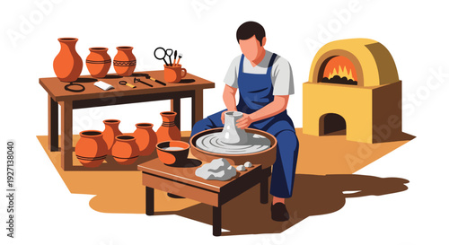 Modern vector illustration of Hispanic artisan shaping clay pottery in workshop representing craftsmanship heritage, creativity and cultural tradition
