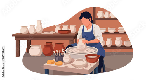 Modern vector illustration of Hispanic artisan shaping clay pottery in workshop representing craftsmanship heritage, creativity and cultural tradition