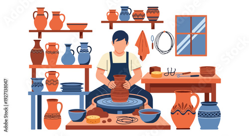 Modern vector illustration of Hispanic artisan shaping clay pottery in workshop representing craftsmanship heritage, creativity and cultural tradition