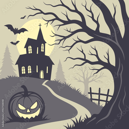 Glowing pumpkin - Spooky Halloween Night poster with haunted house, bats, graveyard, and scary tree