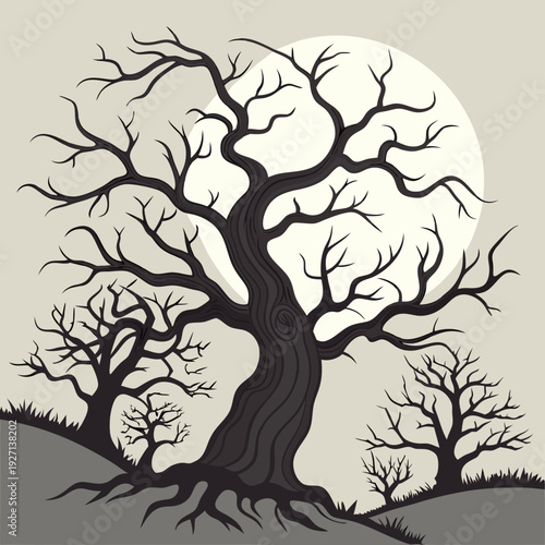 Set of Spooky Halloween trees vector silhouette. Scary halloween tree