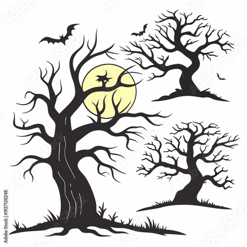 Set of Spooky Halloween trees vector silhouette. Scary halloween tree