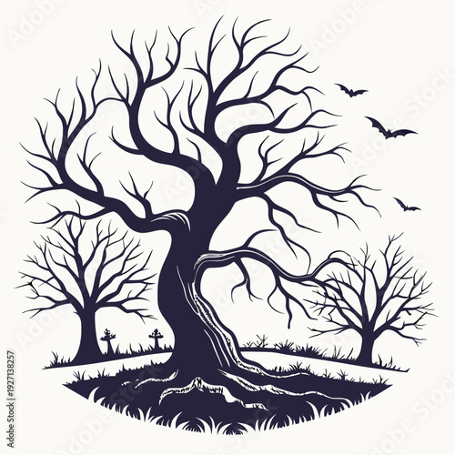 Set of Spooky Halloween trees vector silhouette. Scary halloween tree