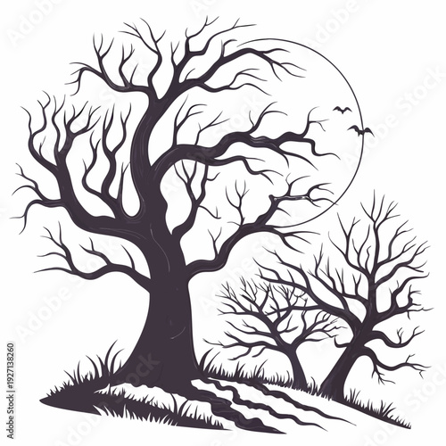 Set of Spooky Halloween trees vector silhouette. Scary halloween tree