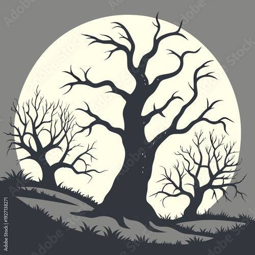 Set of Spooky Halloween trees vector silhouette. Scary halloween tree