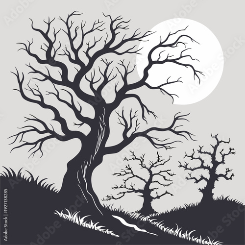 Set of Spooky Halloween trees vector silhouette. Scary halloween tree