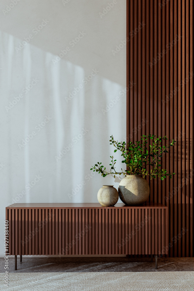 Fototapeta premium Large illustration 3D rendering luxury modern bright interiors Living room mockup with Couch and Ceiling Fan Ventilation