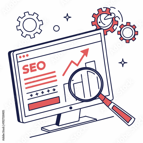 computer monitor displays SEO strategies on the screen with magnifying glass, arrow board, and gear icons. Flat UI vector illustration