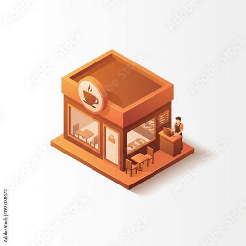 Vibrant isometric illustration depicting a modern coffee shop with a friendly barista, outdoor seating, and warm inviting ambiance. Perfect for urban cafe design concepts
