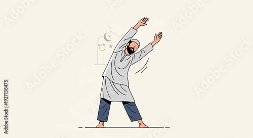 Illustrative concept of a man in traditional attire performing fitness exercises, promoting a healthy and active lifestyle, emphasizing physical wellness and daily workout routines