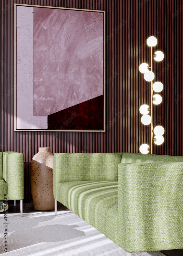 Fototapeta premium Large illustration 3D rendering luxury modern bright interiors Living room mockup with Couch and Ceiling Fan Ventilation