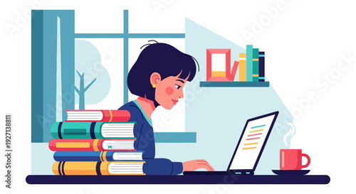 Dedicated young woman engrossed in her studies or remote work at home, surrounded by a stack of books and a laptop, symbolizing modern education and personal productivity