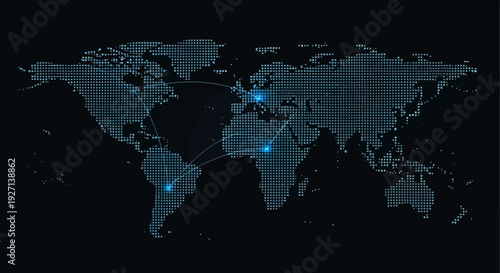 Digital global network connections map with interconnected lines across continents and continents, showcasing international communication and data flow