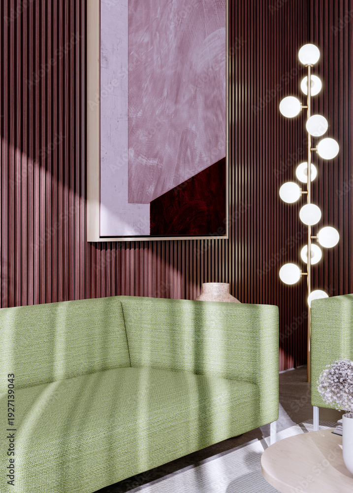 Fototapeta premium Large illustration 3D rendering luxury modern bright interiors Living room mockup with Couch and Ceiling Fan Ventilation