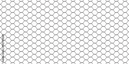 Fishing or soccer net. Repeated hexagon pattern. Black wired mesh texture isolated on white background. Metallic or fabric fence, cage or lattice structure. Vector graphic Illustration.
