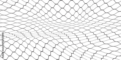 Fishing or soccer net. Repeated hexagon pattern. Black wired mesh texture isolated on white background. Metallic or fabric fence, cage or lattice structure. Vector graphic Illustration.