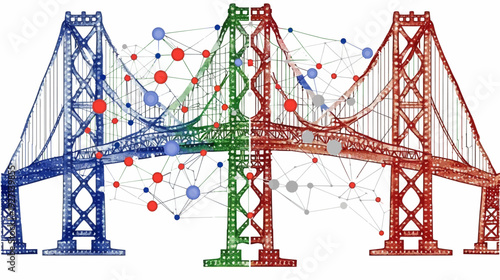 A colorful, graphic depiction of a bridge with interconnected nodes and a vibrant, layered effect