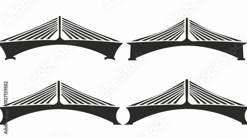 Stylized, symmetrical cable-stayed bridges in a four-panel composition. Black silhouette illustration