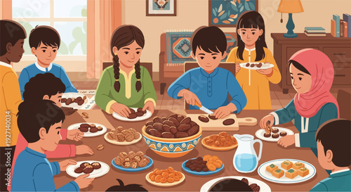 Diverse children joyfully sharing traditional dates during a family gathering, embodying community spirit and togetherness around a warm, inviting table