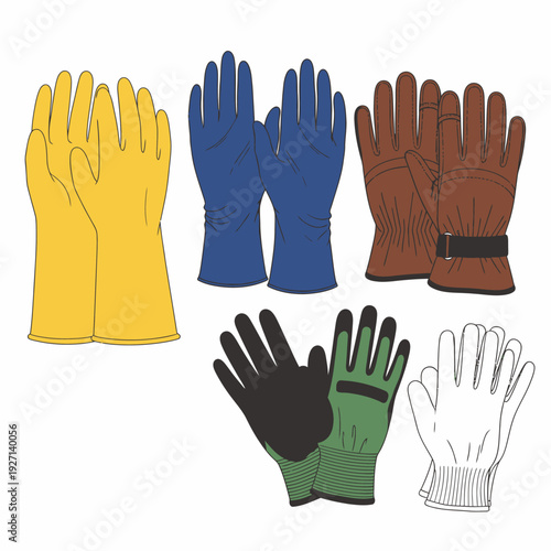 Variety of work gloves in different colors and styles on white background