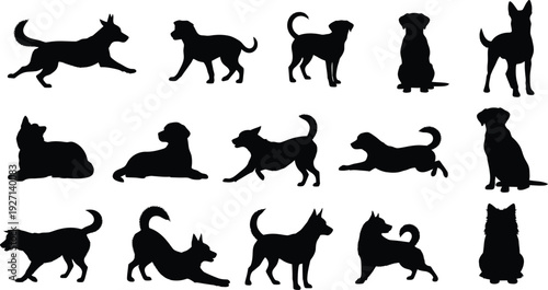Collection of various dog silhouettes in different poses