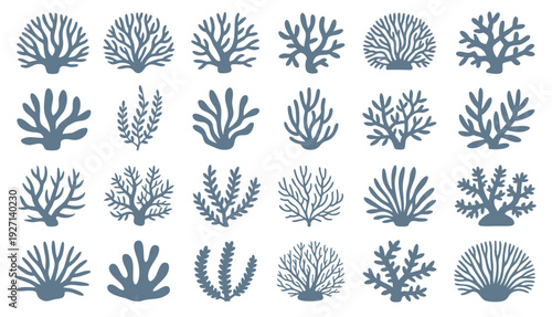 Marine coral branches and reef shapes set for coastal design. Underwater marine coral reef silhouettes set isolated on white background.