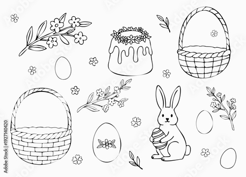 Easter vector line art set with bunny, eggs, baskets and traditional cake