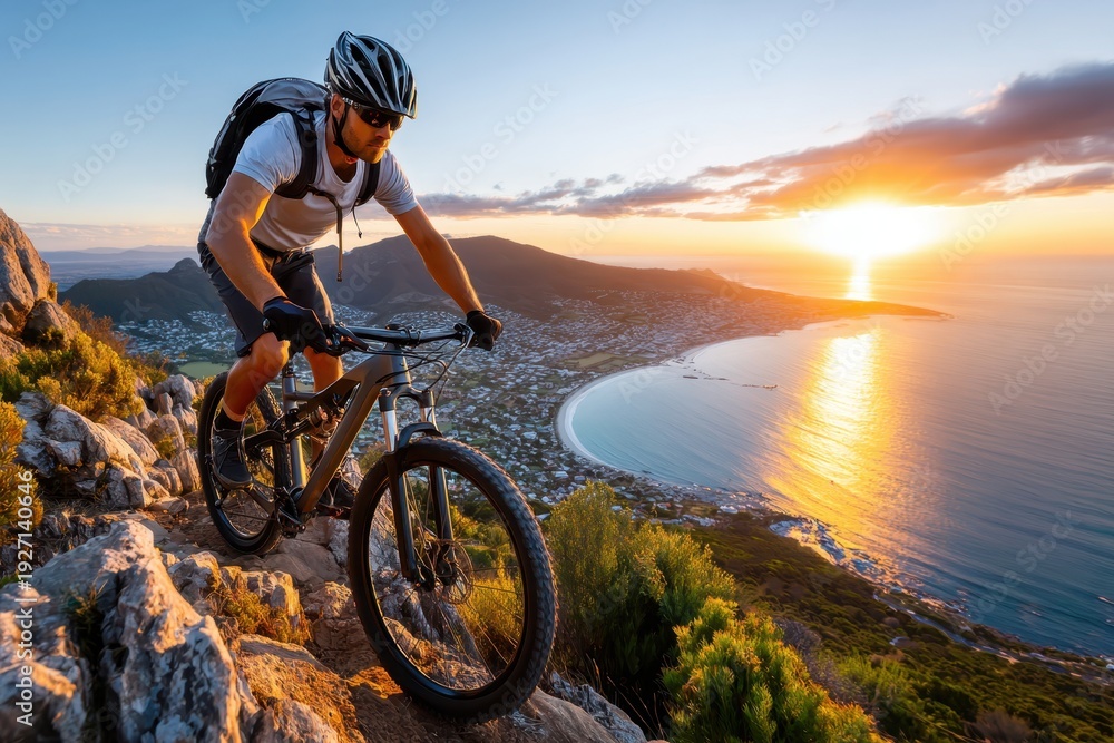 Fototapeta premium Mountain biker navigates rocky trail during sunset in coastal landscape