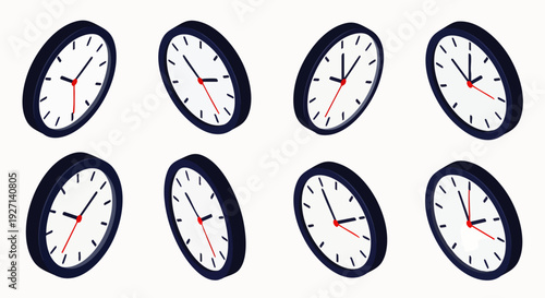 Set of eight isometric clocks showing various times, representing concepts of time management, deadlines, and scheduling in a modern, clean vector illustration.