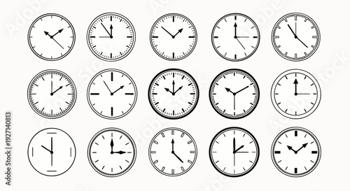 Set of diverse analog clocks illustrating different times of day, representing concepts of time management, scheduling, and the continuous flow of hours and minutes.