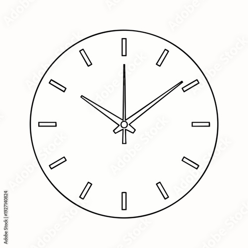 Simple black and white outline drawing of a classic analog clock face with hands, symbolizing time, deadlines, schedules, and punctuality. Ideal for business, education, and daily life.